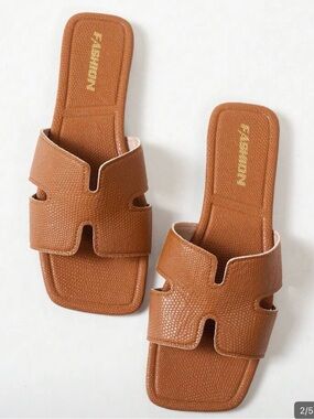 Textured Tan Slide Sandals